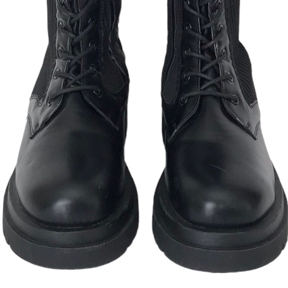 ASOS Truffle Collection Black Knee High Vegan Leather and Knitted Chunky Boots - Picture 2 of 8